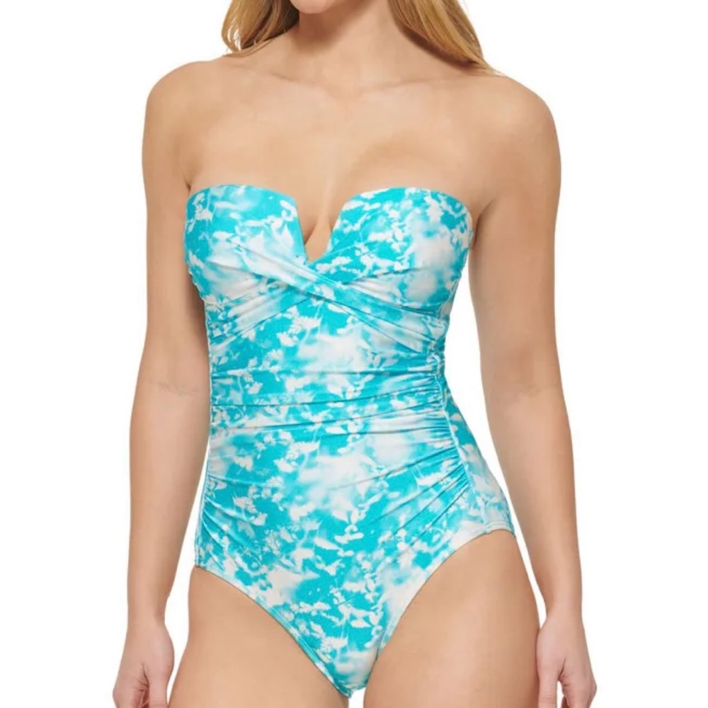 Calvin Klein Women's Printed V-Notch Bandeau One-Piece Swimsuit